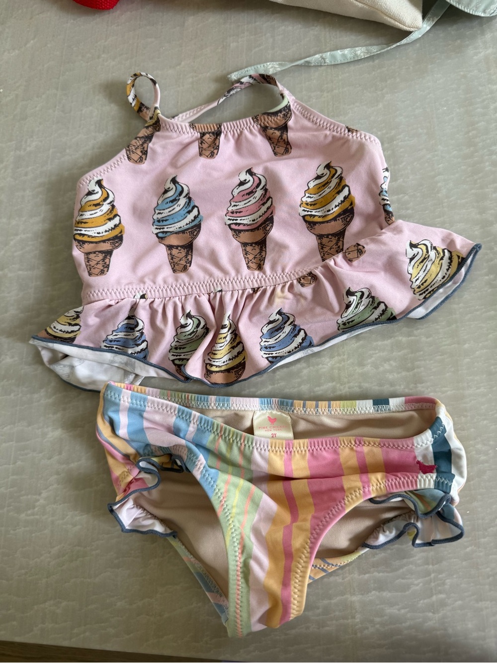 Pink Chicken Pink Ice Cream Print Two-Piece Swimsuit with Pastel Stripes
